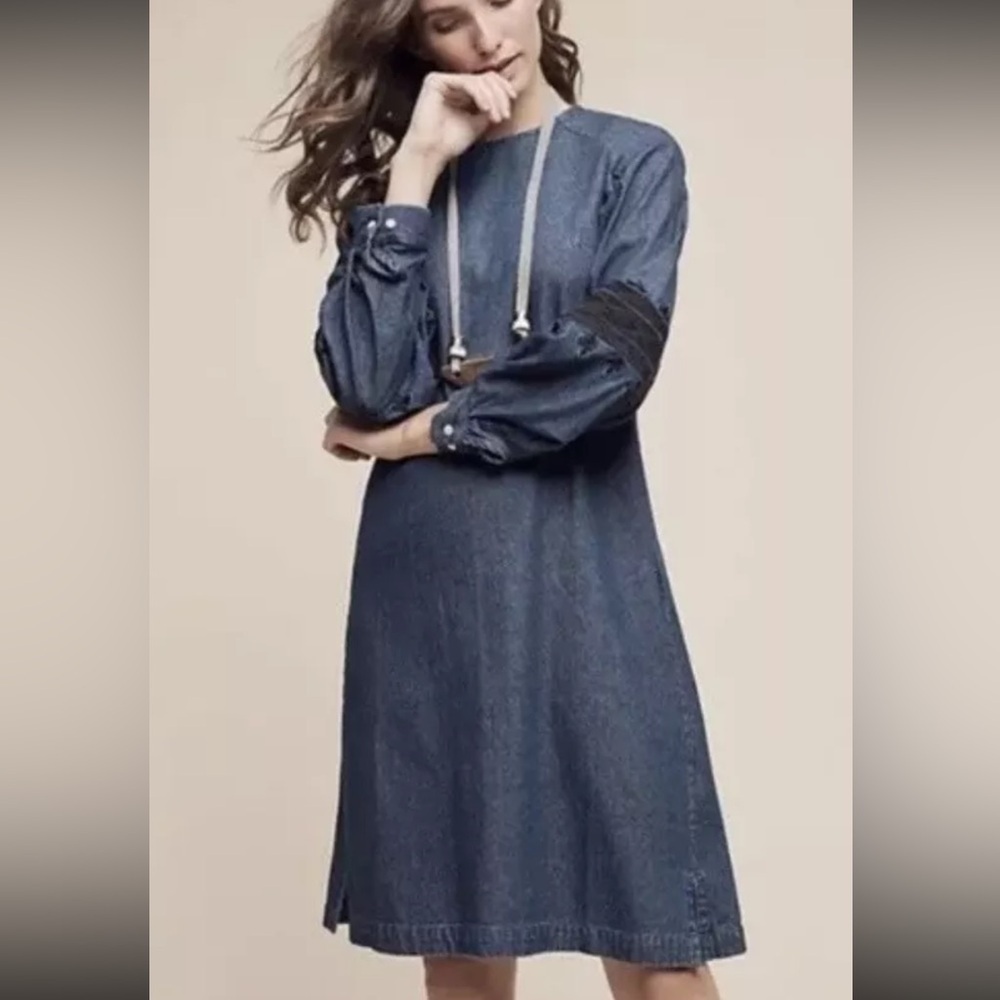 Ne‎ Quittez Pass Open Sky chambray embroidered balloon sleeves dress Sz L